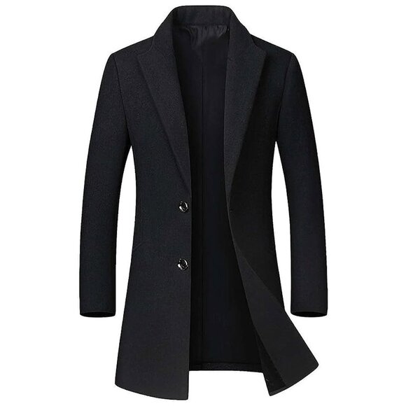 Men's Winter Coat Trench Overcoat Wool Blend Casual Single Breasted Black